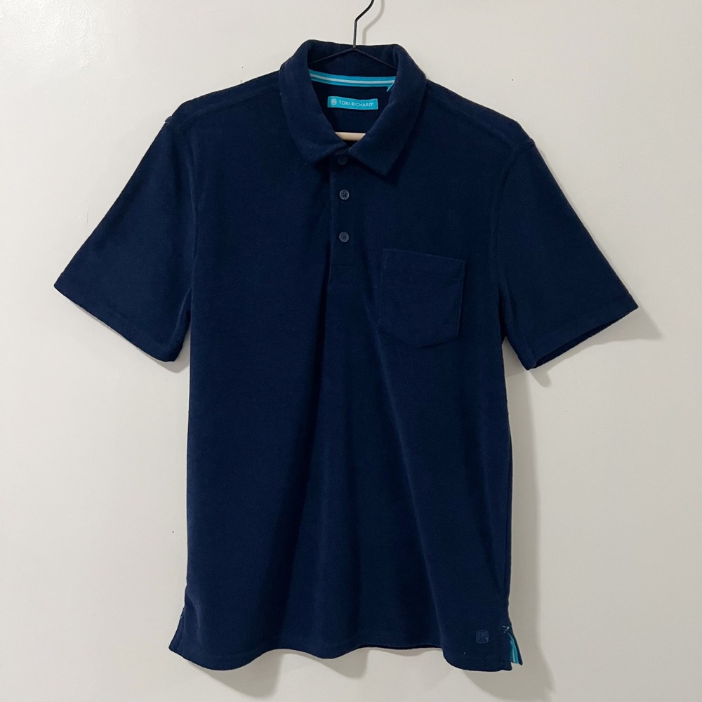 Tori‎ Richard Mens Navy Blue Terry Cloth Short Sleeve Polo Shirt Medium Pocket